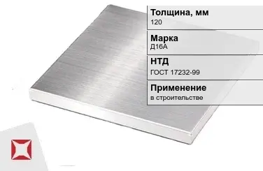 Дюралевая плита 120 мм Д16А ГОСТ 17232-99  в Талдыкоргане